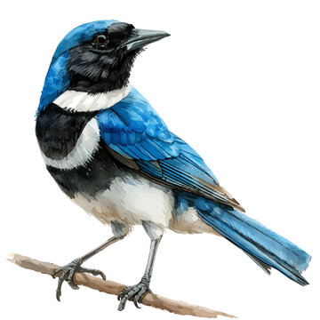 Magpie, clipart vector in watercolor style with flowing brushwork, isolated on a white background.
