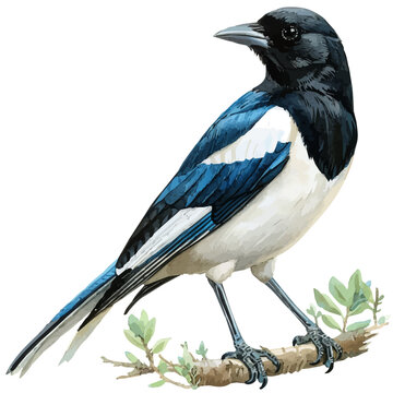 Magpie, vector watercolor clipart with soft pastel strokes, isolated on a white background.