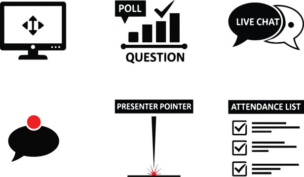 Flat vector icon set close up presenter tools speech bubble poll attendance list presenter pointer monitor and live chat icons for coloring book pages educational print