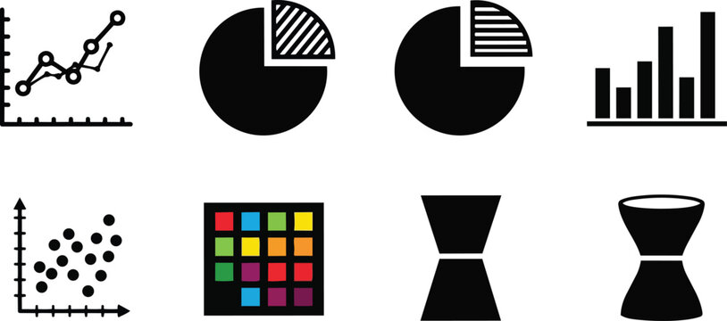 Minimalist vector icon set of charts and graphs close up for a coloring book showing pie bar scatter grid palette and simple hourglass shapes bold outline