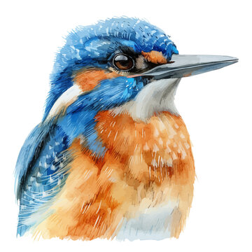 Kingfisher, vector watercolor clipart with soft pastel strokes, isolated on a white background.