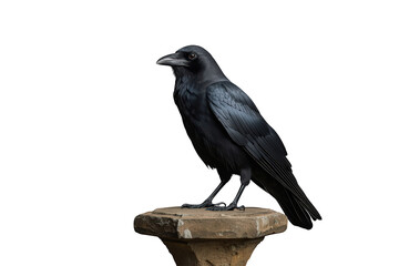 Fototapeta premium Black common raven perched on stone pedestal, symbolizing mystery, intelligence, and dark omens with transparent background