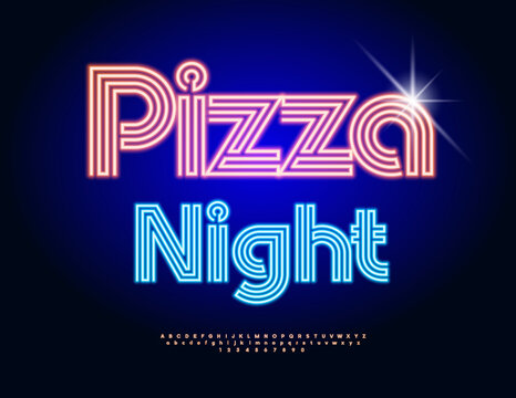 Vector Glowing Advertisement Pizza Night. Cool Neon Font. Electric Alphabet Letters and Numbers set.
