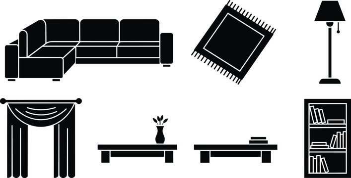 Minimalist black and white vector art living room furniture set for coloring book corner sofa low tables rug floor lamp curtains bookcase vase books simple outline