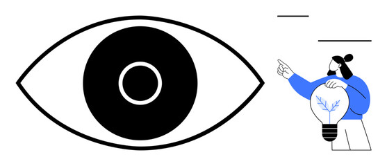 Innovation, vision, problem-solving, creativity, idea generation, focus. Eye symbol next to a person holding a lightbulb. Vision and creativity metaphor for innovation and progress © robu_s