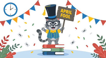 Fototapeta premium Cute cartoon cat wearing graduation hat and glasses holding april fools day sign standing on books with colorful confetti and banners