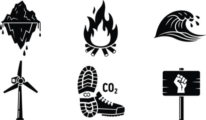 Fototapeta premium Vector art environmental icons set for coloring book melt iceberg campfire ocean wave wind turbine footprint protest sign bold outlines page simple stroke friendly educational printable