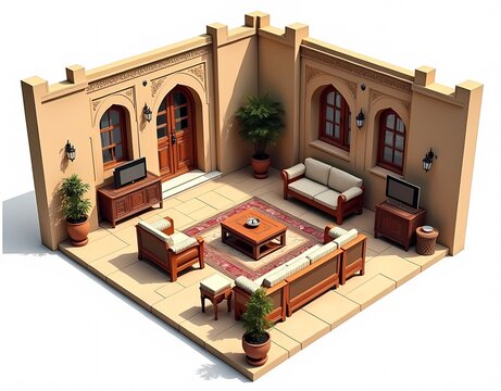 Isometric View of a Middle Eastern Living Room Interior.