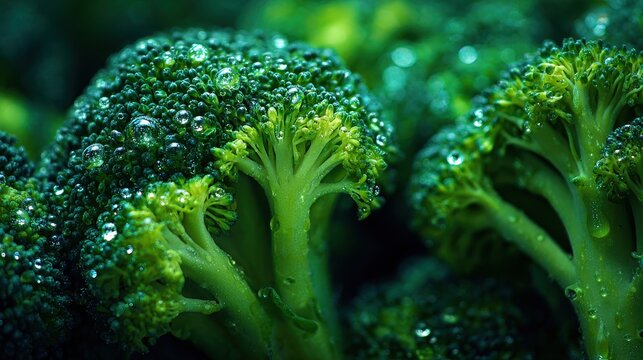 Fresh Broccoli Florets with Dew Drops with Healthy Green Vegetable Closeup.