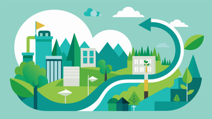 Fototapeta premium Eco-friendly sustainable city with circular economy arrow, flat vector illustration of green urban planning, renewable energy and recycling concept.