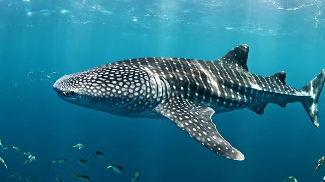Giant Whale Shark Glides Through Sunlit Ocean Currents