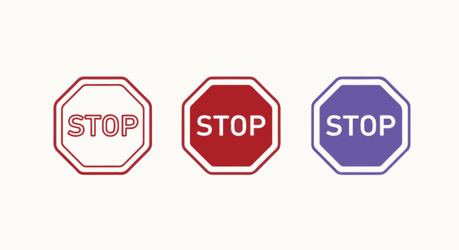 Variations of stop signs with different colors and designs