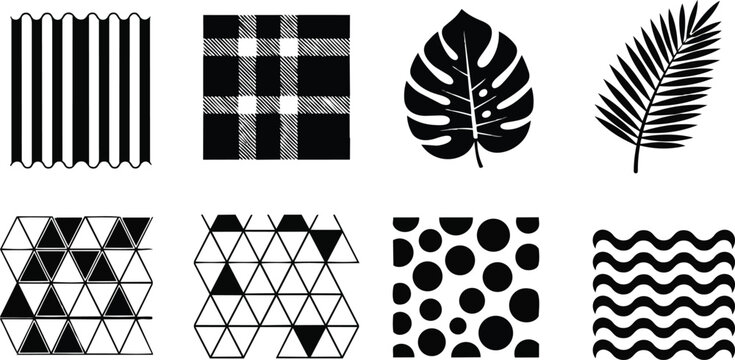 Minimalist vector flat design black leaf and geometric pattern set for coloring book close up top view repeating motifs outline