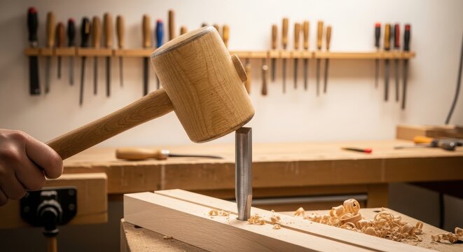 Carpenter using wooden mallet to chisel wood in professional workshop with tools and shavings
