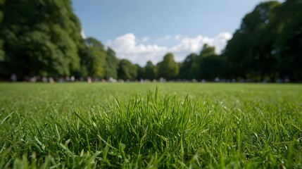 Fototapeta premium Lush green grass in a park with distant people enjoying a sunny summer day