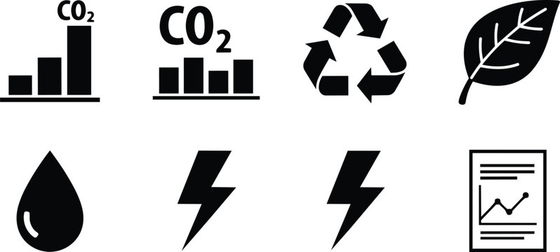 Minimalist vector icons environmental set for a coloring book showing co two charts recycle leaf water drop lightning bolt and data report bold outline line art