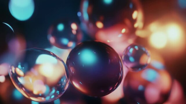 Abstract glass spheres and bubbles float over a colorful bokeh backdrop, with soft reflections, iridescent highlights and dreamy depth for modern, futuristic designs