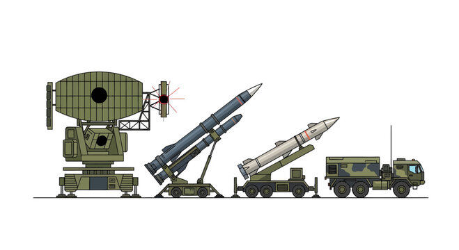 Military Air Defense System Illustration with Radar and Missile Launchers