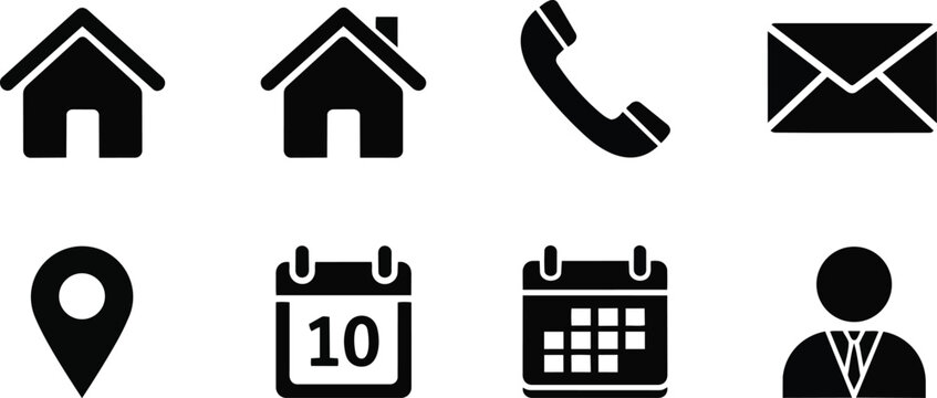 Minimalist icon grid black contact and home symbols arranged in rows showing phone envelope calendar location marker and user profile flat vector illustration for coloring book