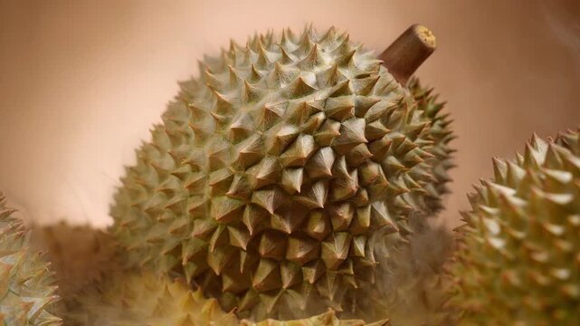 Macro Extreme Close-up of Fresh Durian Thorny Husk with Swirling White Mist Smoke on Yellow Background, Tropical King of Fruits Food Ads