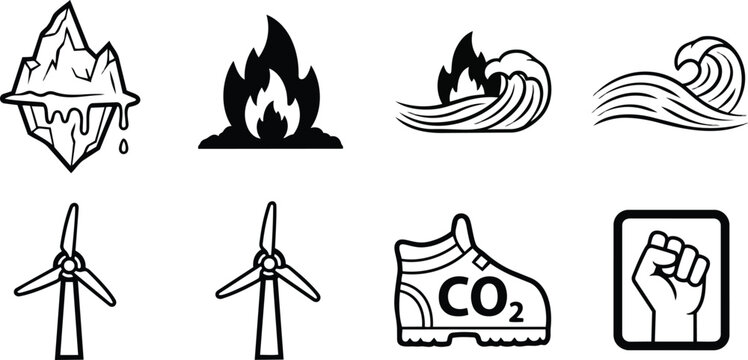 Line art climate icons set featuring melting iceberg flame waves wind turbine shoe with carbon dioxide label protest fist for a coloring book simple bold outline