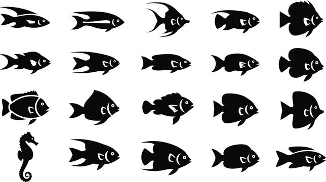 Fish Silhouette Icon Set Marine Life Aquarium Sea Animals Collection Black Vector Icons Isolated on White Background