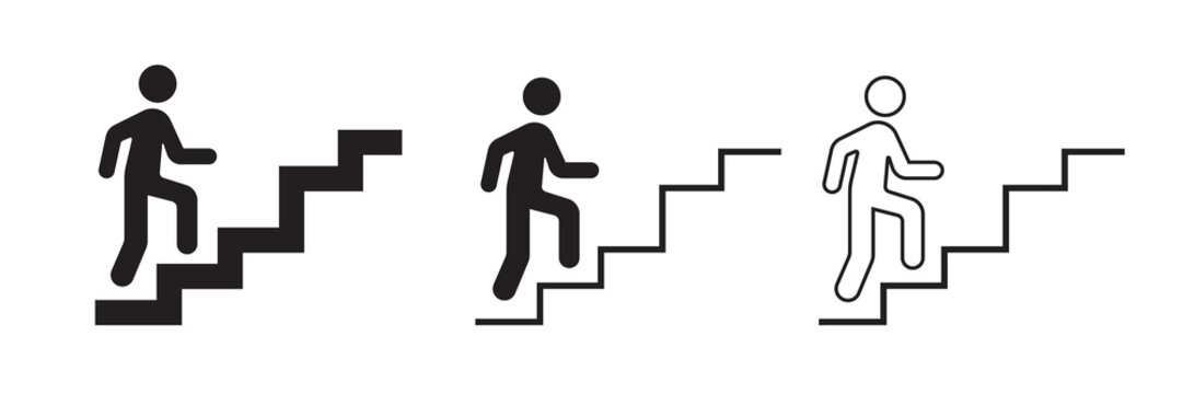Stairs icon set. Man climbing stairs symbol, walking up staircase sign, upward direction steps vector illustration