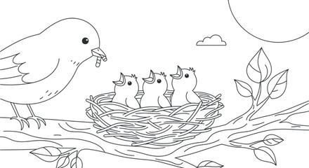 A caring mother bird perched on a sturdy tree branch, diligently feeding her three hungry baby chicks nestled comfortably within their cozy, intricate woven nest, ready for a meal. © Mudassir