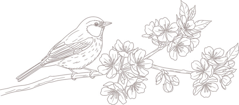 A charming little songbird illustration gently perches on a delicate flowering cherry blossom branch, perfect for tranquil nature-themed designs, coloring books, and spring decorative elements.