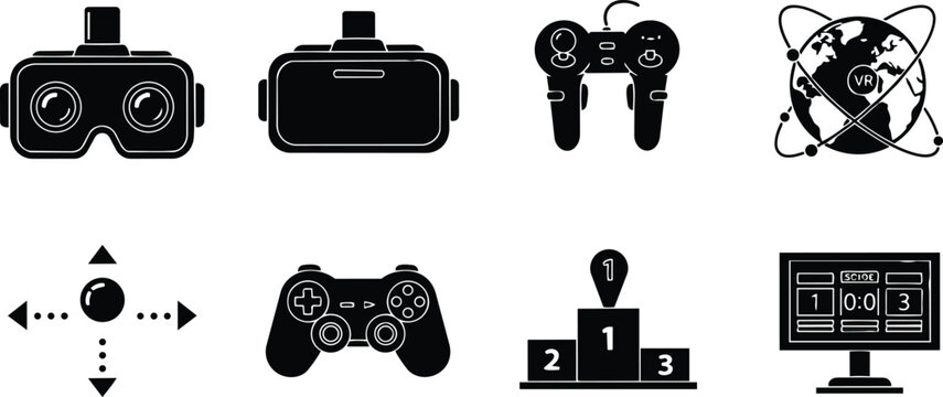 Vector art detailed front view vr headset and game controllers with directional arrows podium scoreboard monitor globe elements arranged in clean outline for a coloring book