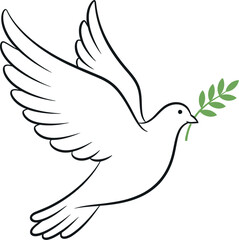 Fototapeta premium Graceful white dove with an olive branch in its beak flying against a subtle peace symbol, representing freedom, unity, and hope for world peace and harmony.