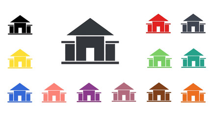 Fototapeta premium Collection of building icons in various colors and sizes, featuring a classic architectural style with columns and a pitched roof.