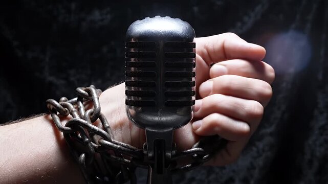 Hand chained to a vintage microphone symbolizing censorship and restricted speech