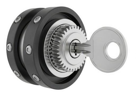 Close up of a mechanical lock cylinder with a key inserted