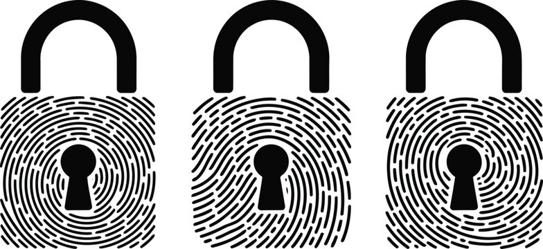 Minimalist black padlock icons with integrated fingerprint patterns for modern digital security concepts