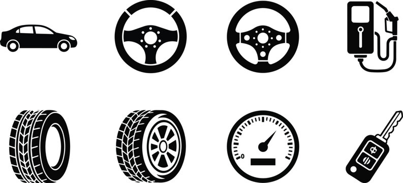 Vector car parts icons for coloring book detailed steering wheel tires speedometer fuel pump car key side profile sedan close up flat design simple bold outline