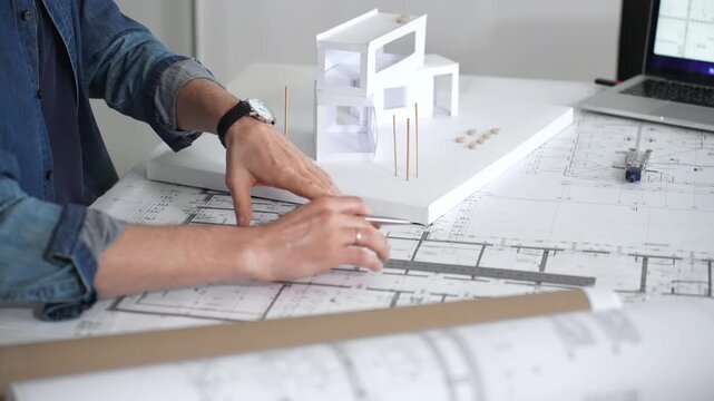 Architect sketching building plans on paper using a ruler and pen while working digitally on a laptop with a blueprint software displaying a floor plan