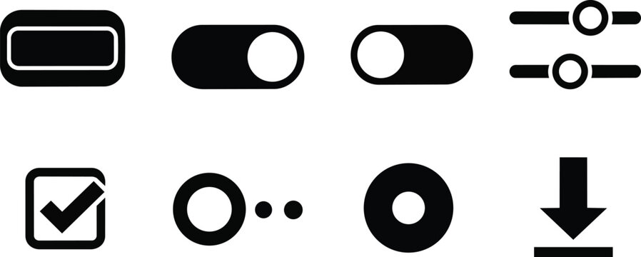 Vector icon set top view simple ui controls for a coloring book showing toggle switches radio buttons checkbox download arrow flat design minimal line art outline