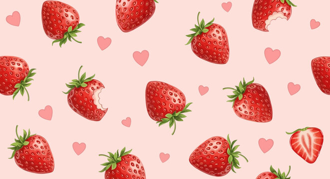 Sweet Seamless Pattern with Fresh Red Strawberries, Some Bitten, and Pink Hearts on a Light Pink Background