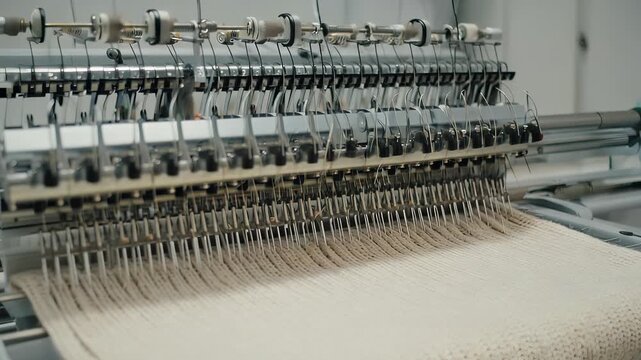 Close-up of a textile knitting machine producing fabric in a factory setting, showcasing the complex process of automated textile manufacturing.