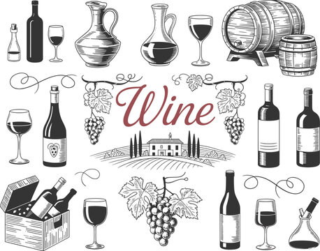 Vintage Wine Collection and Vineyard Scene grapes barrel