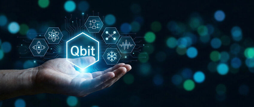 Hand holding glowing futuristic qbit quantum computing icon with digital network and cityscape hologram in dark tech background