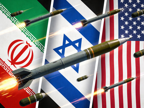 AI Generated. The flags of Israel, USA and IRan, with bombs and missles. Geo Politics