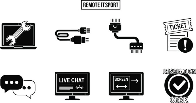 Vector art close up remote it support icon set laptop wrench cables chat monitor tickets resolution check for coloring book simple line style bold outline ready