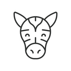 Fototapeta premium Zebra face, icon in line design. zebra, animal, wild, stripes, mammal, safari, africa on white background vector. zebra face editable stroke icon