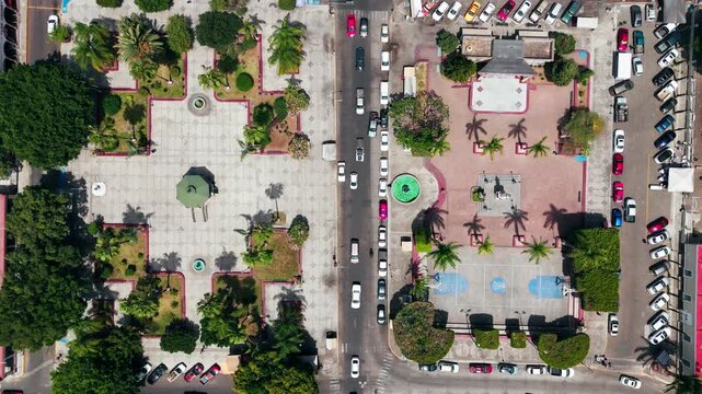 Aerial top down view of xalisco town square in nayarit, mexico