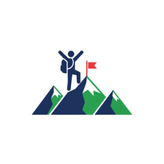 Obraz premium Man on mountain peak with flag.