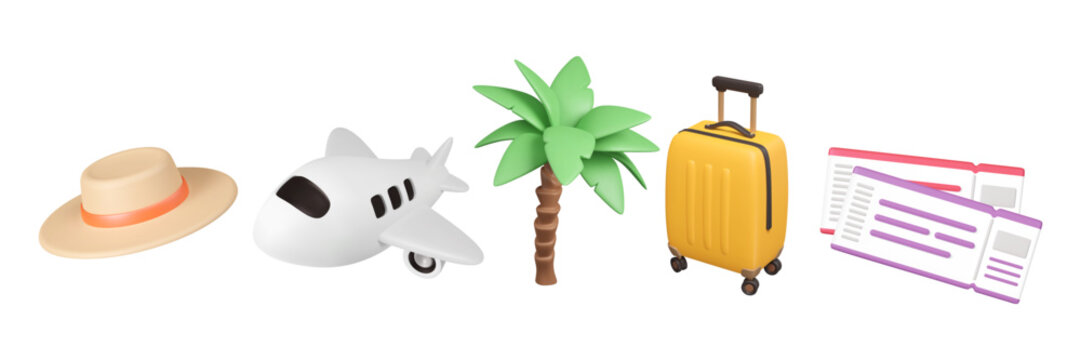3d summer vacation elements in plastic style. Cartoon tropical objects. Vector illustration. Abstract cute plane, palm tree, journey tickets, straw hat and luggage. Travel isolated icons set.
