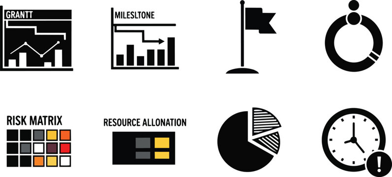 Flat design close up business infographic icons showing charts graphs flag pie chart clock and risk matrix arranged in neat rows for a coloring book vector