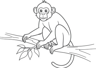 Cute cartoon monkey sitting peacefully on a tree branch, looking directly at the viewer, ready for children to color and learn about jungle animals and wildlife. © Mudassir